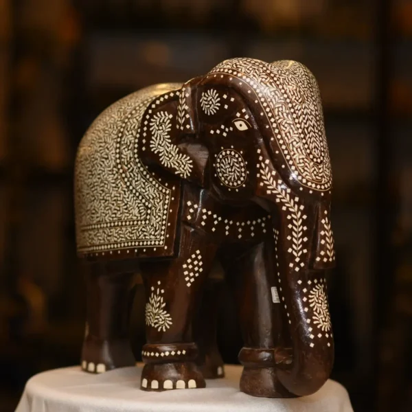 Teak Wood Elephant with white design