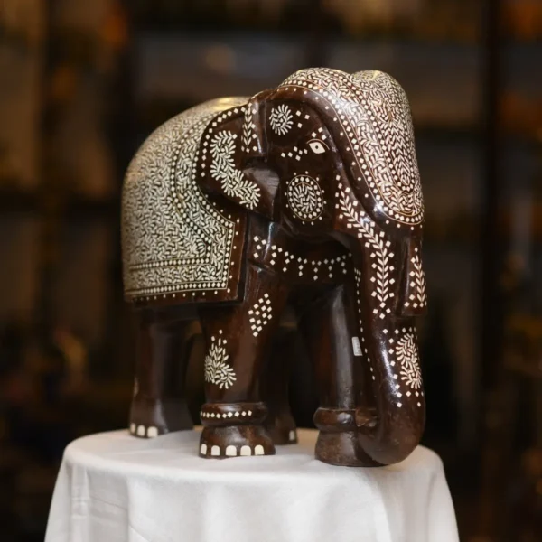 Teak Wood Elephant with white design - Image 4