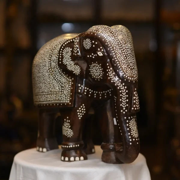 Teak Wood Elephant with white design - Image 2