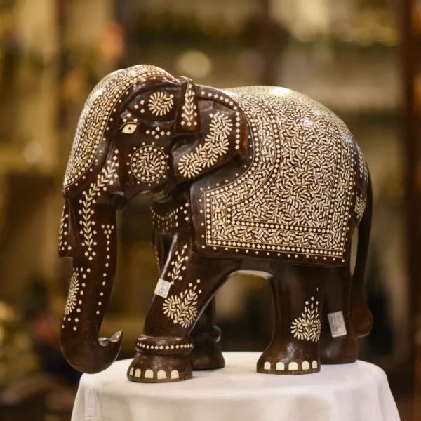 Teak Wood Elephant with white design - Image 3
